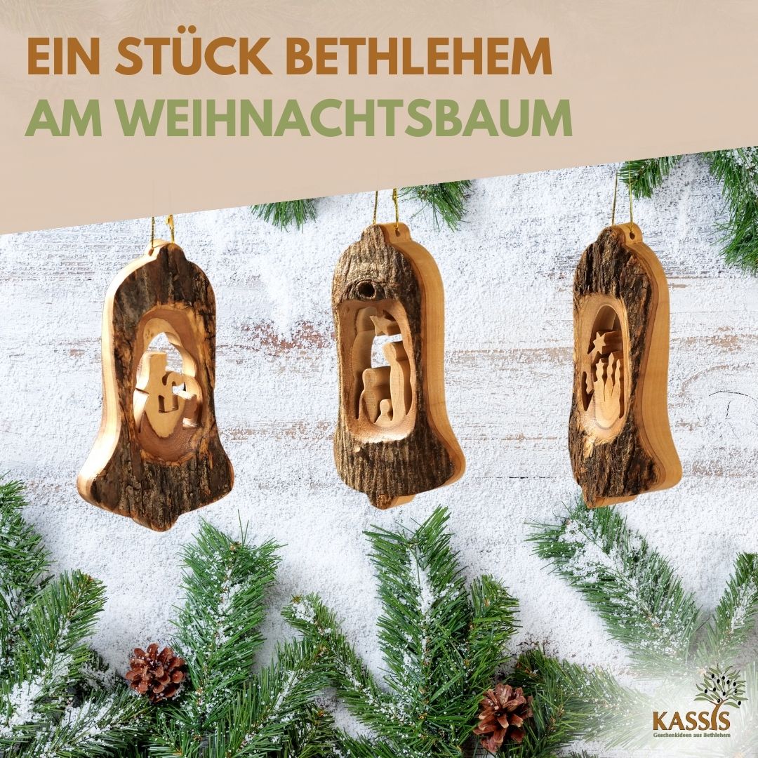 Weihnachtsdeko Baumschmuck Krippe in Glocke mit Rinde 3er Set