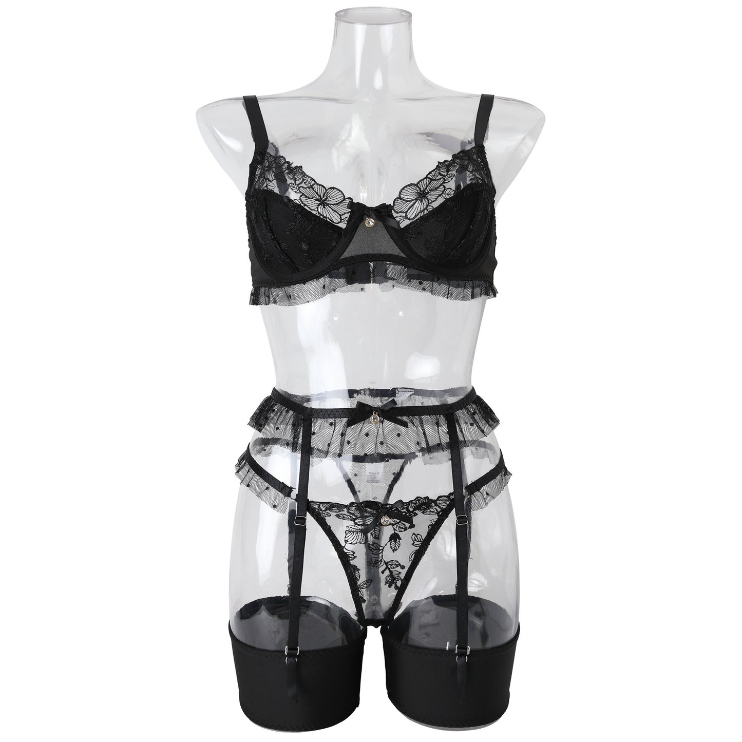 Black Heavy Craftsmanship Embroidered Lingerie Set - Wholesale Lingerie Front View