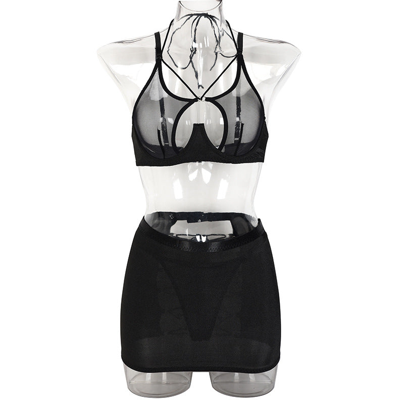 Black See-Through Mesh Bra and Panty Set Front View