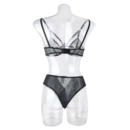 Chic Sexy Lingerie Mesh Bra Set with Cross Hollow Panty - Wholesale Lingerie Back View