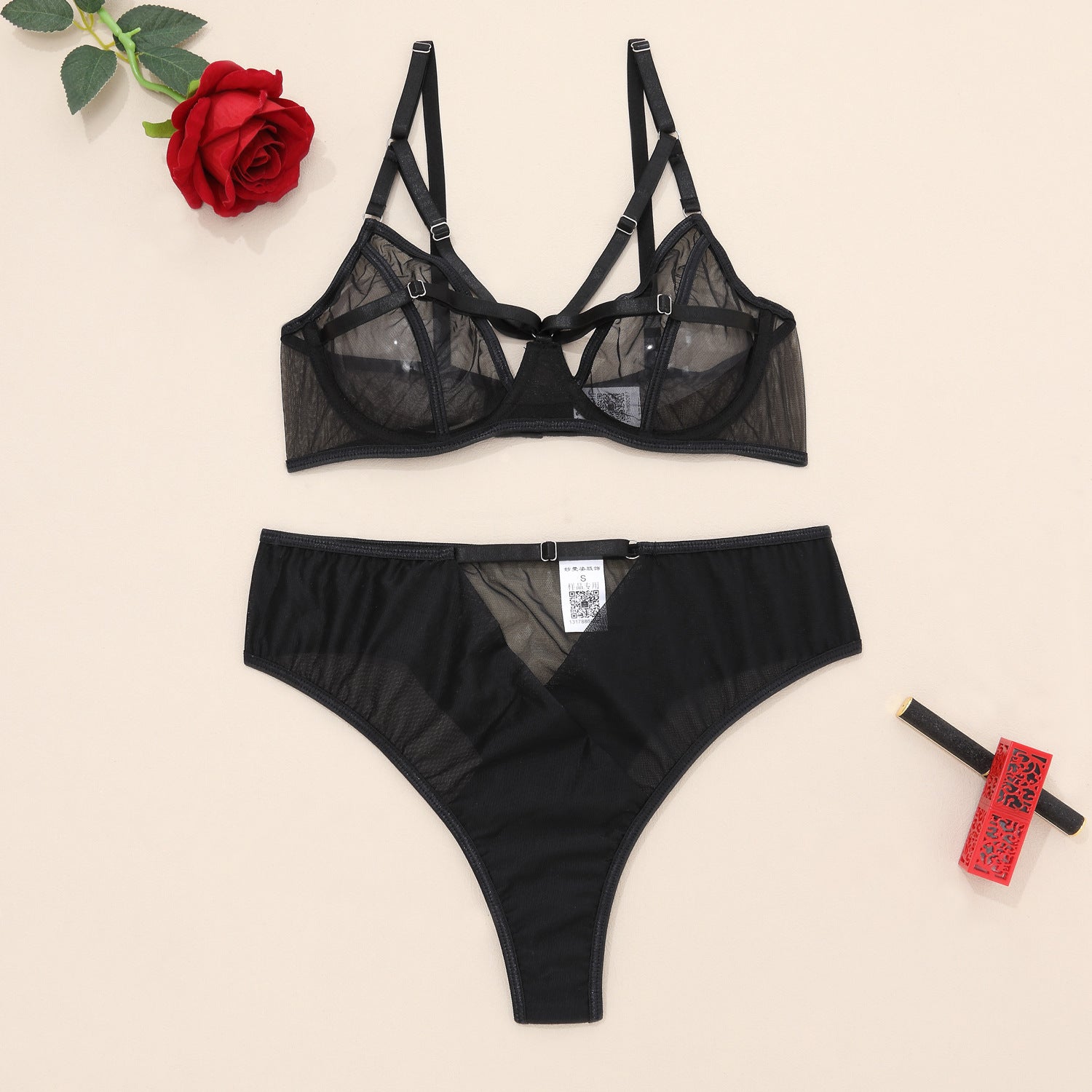 Chic Sexy Lingerie Mesh Bra Set with Cross Hollow Panty - Wholesale Lingerie Over View