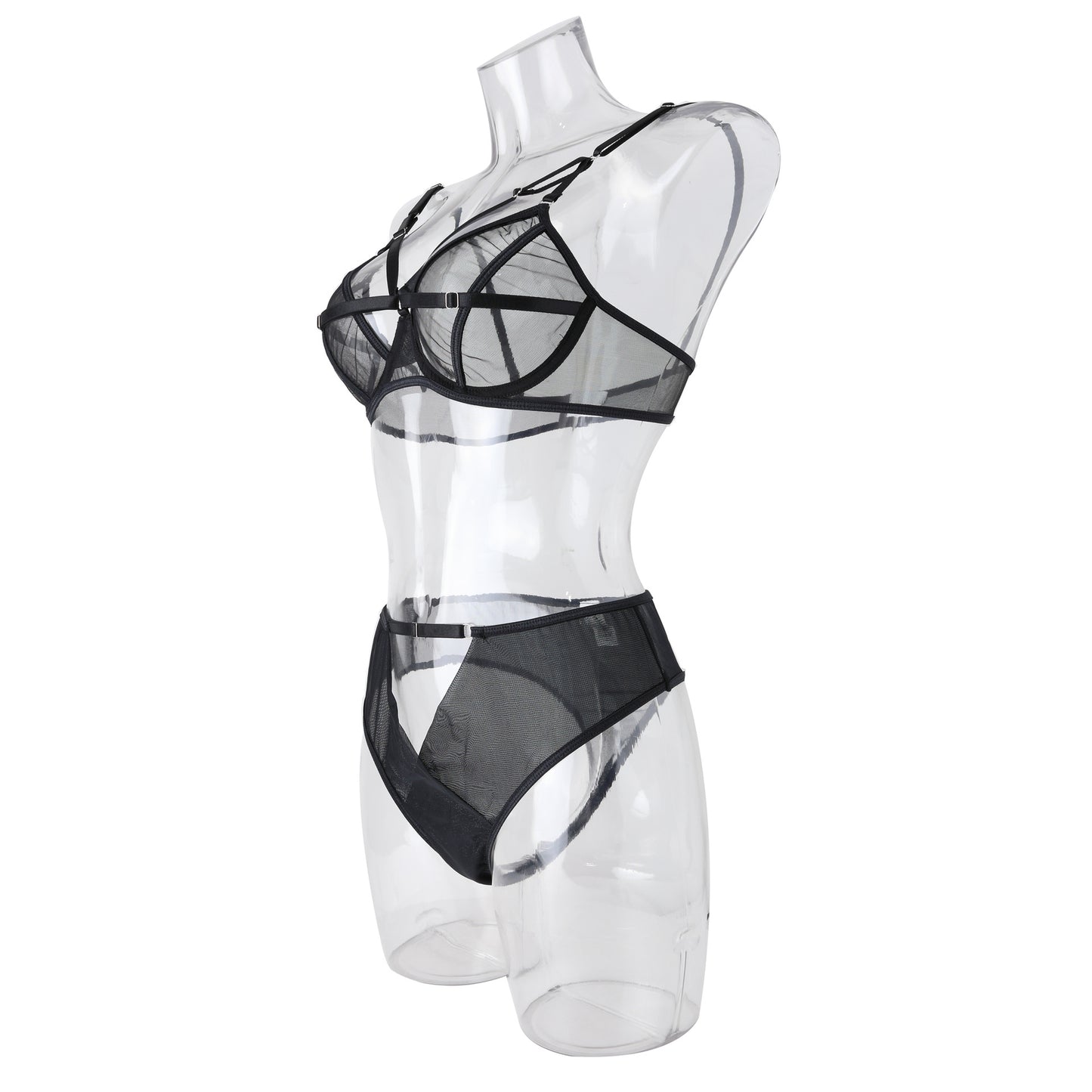 Chic Sexy Lingerie Mesh Bra Set with Cross Hollow Panty - Wholesale Lingerie Side View