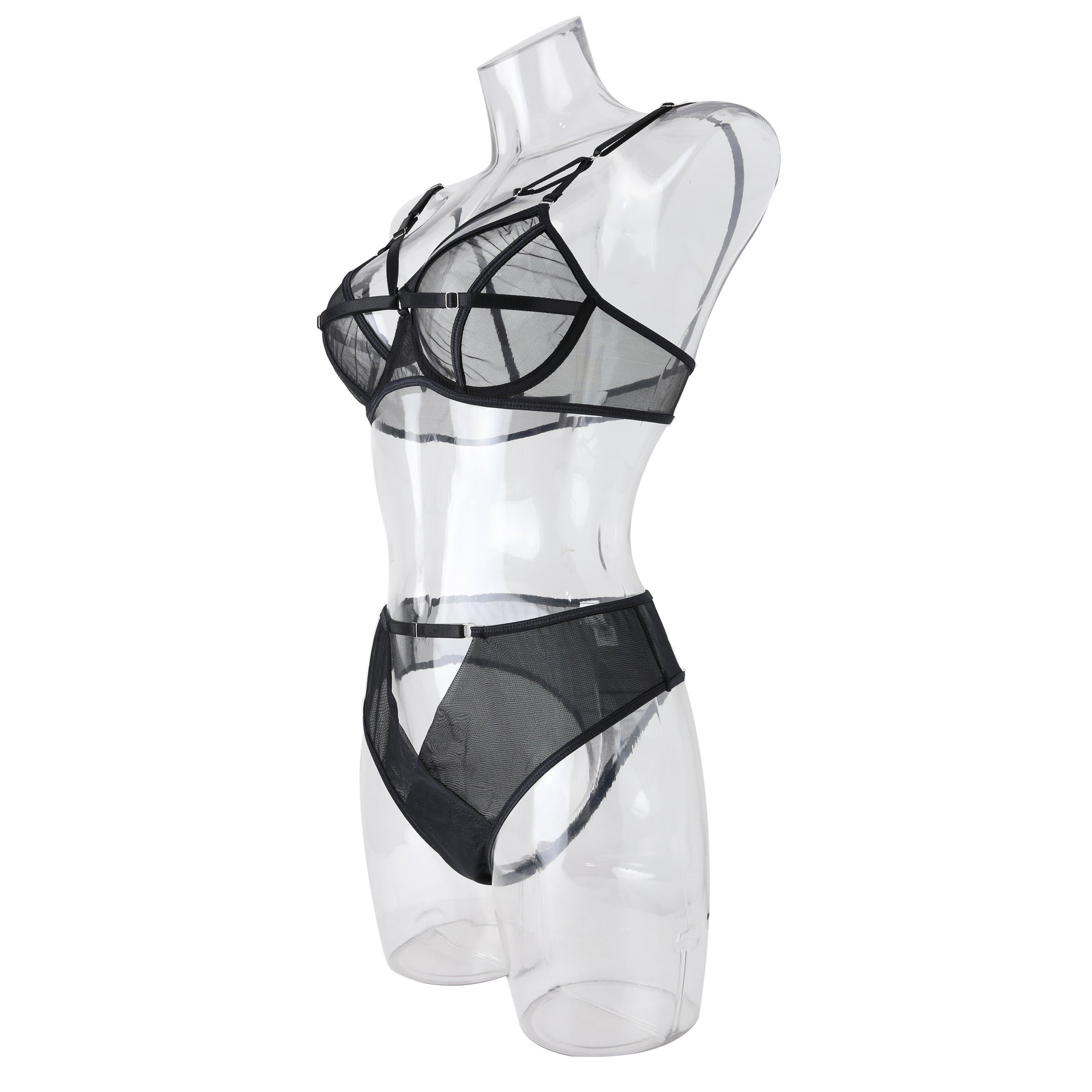 Chic Sexy Lingerie Mesh Bra Set with Cross Hollow Panty - Wholesale Lingerie Side View