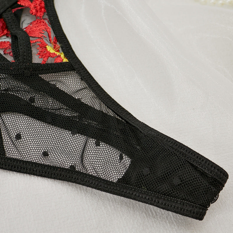 Embroidered Mesh 3-Piece Bra and Panty Set with Red Floral Crotch Details