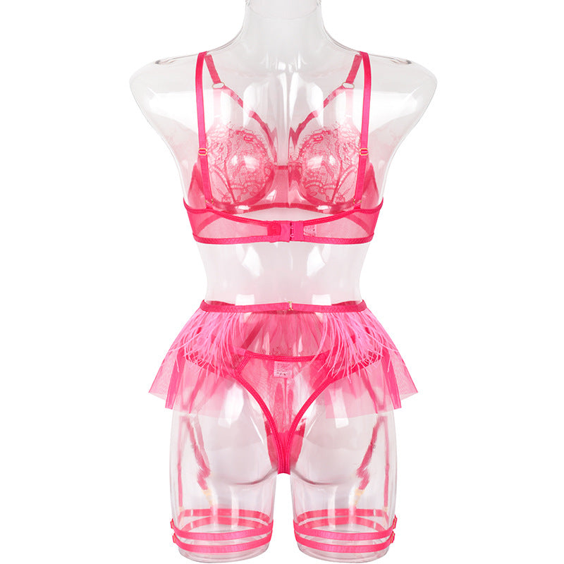 Hot Pink Sexy Sheer Floral Lace Bra Set with Tassel Girdle Back View