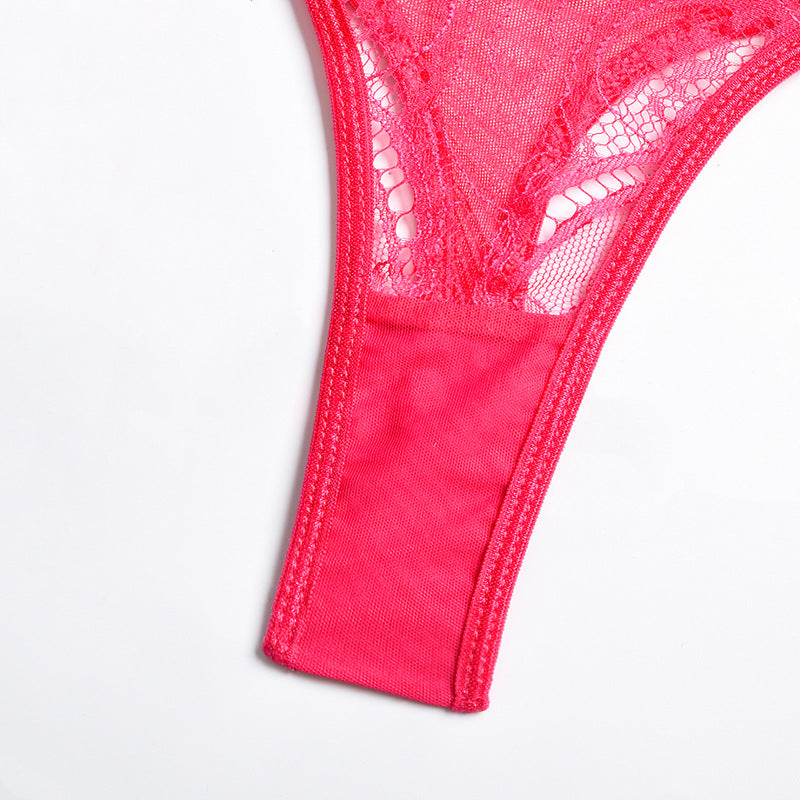 Hot Pink Sexy Sheer Floral Lace Bra Set with Tassel Girdle Crotch Details