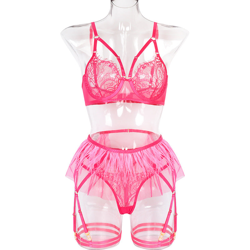 Hot Pink Sexy Sheer Floral Lace Bra Set with Tassel Girdle Front View