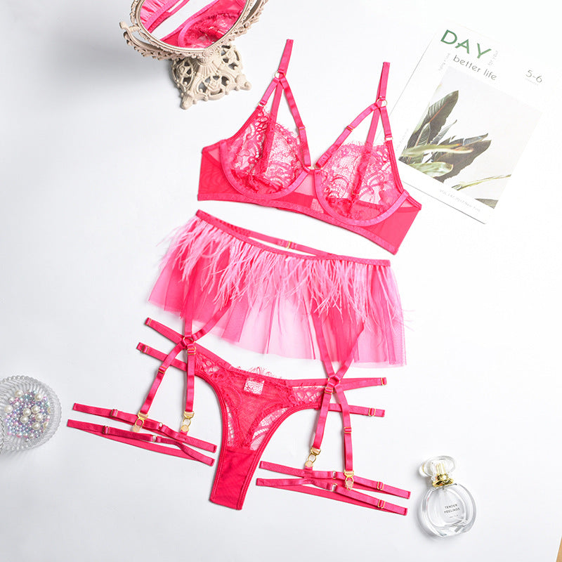 Hot Pink Sexy Sheer Floral Lace Bra Set with Tassel Girdle Over View
