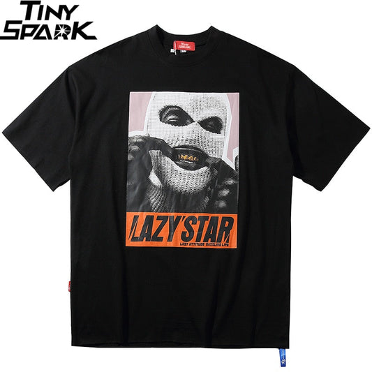 Oversize Hip Hop T Shirt Men Streetwear Harajuku Masked Man Print Tshirt Short Sleeve Cotton Casual T-Shirt Black Plus Size