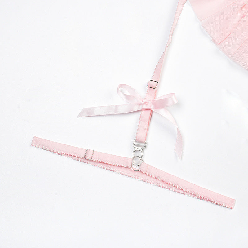 Pink Sheer Bra Set with Pom-Poms Design Leg Ring