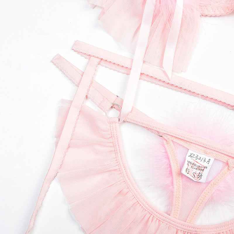 Pink Sheer Bra Set with Pom-Poms Design Waist Details