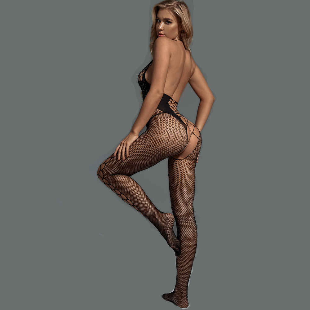 Wholesale Halterneck Crotchless Fishnet Body with Diamonds Back Display