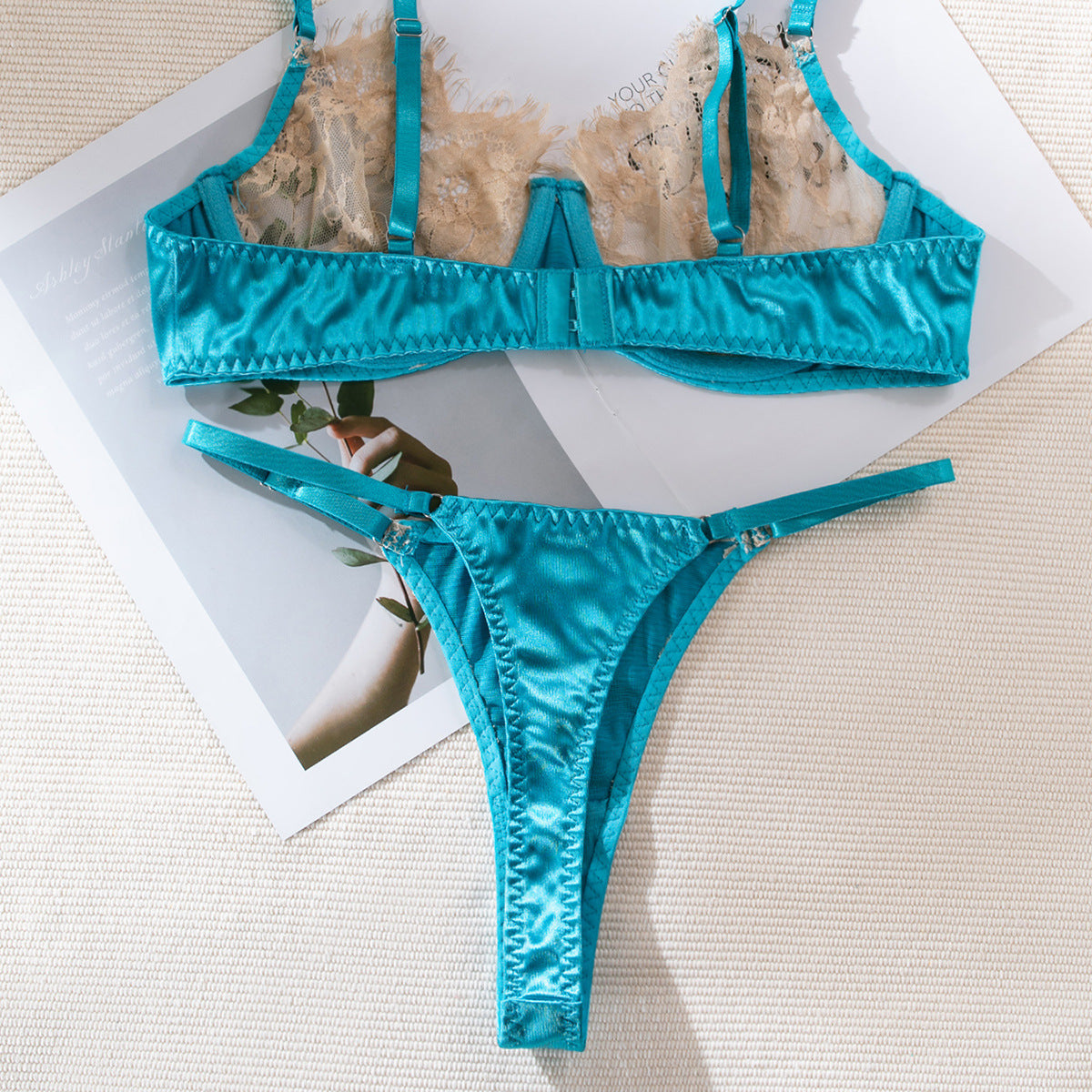 Wholesale Lace Bra and Underwear Set in Skin Color and Light Blue Back Over View