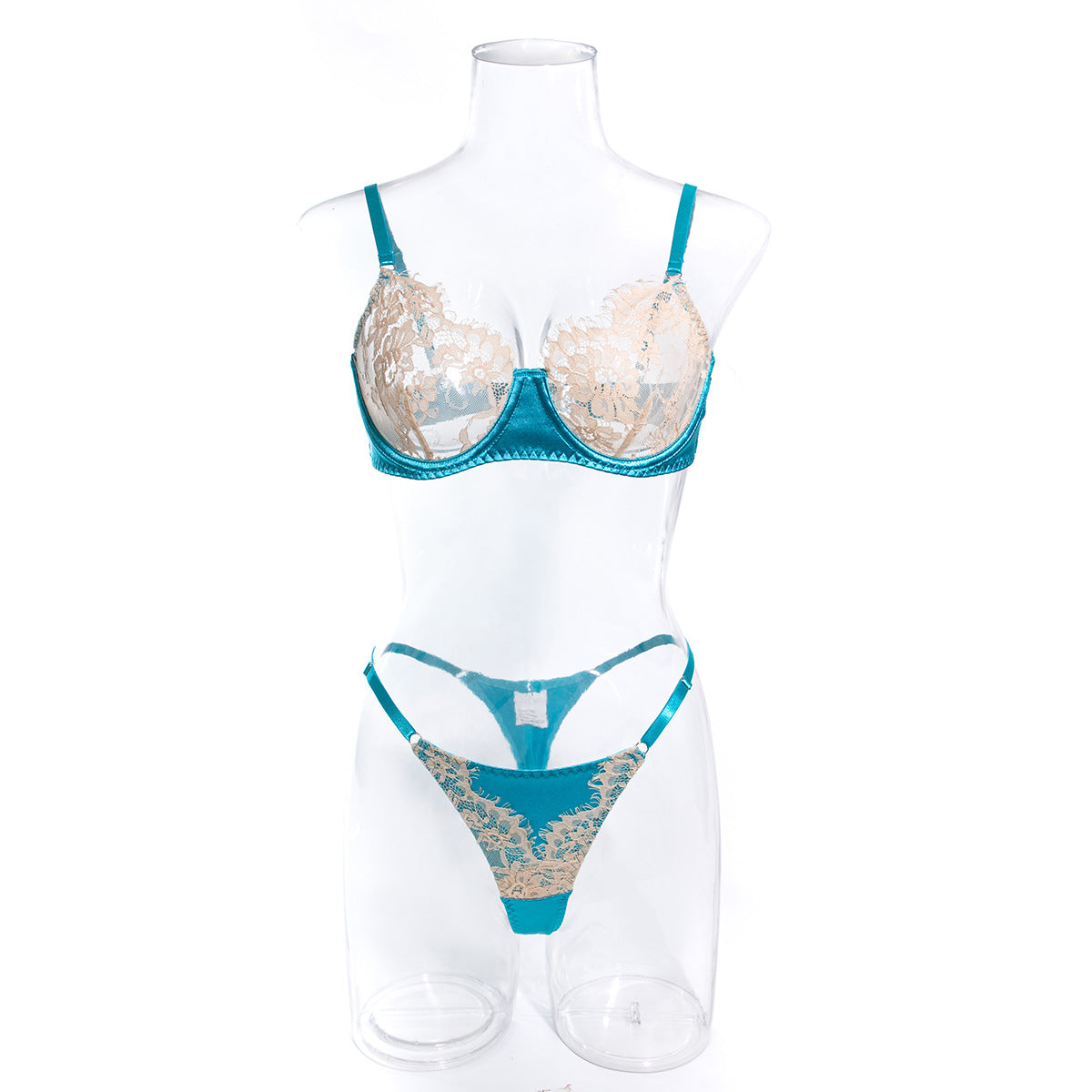 Wholesale Lace Bra and Underwear Set in Skin Color and Light Blue Front View