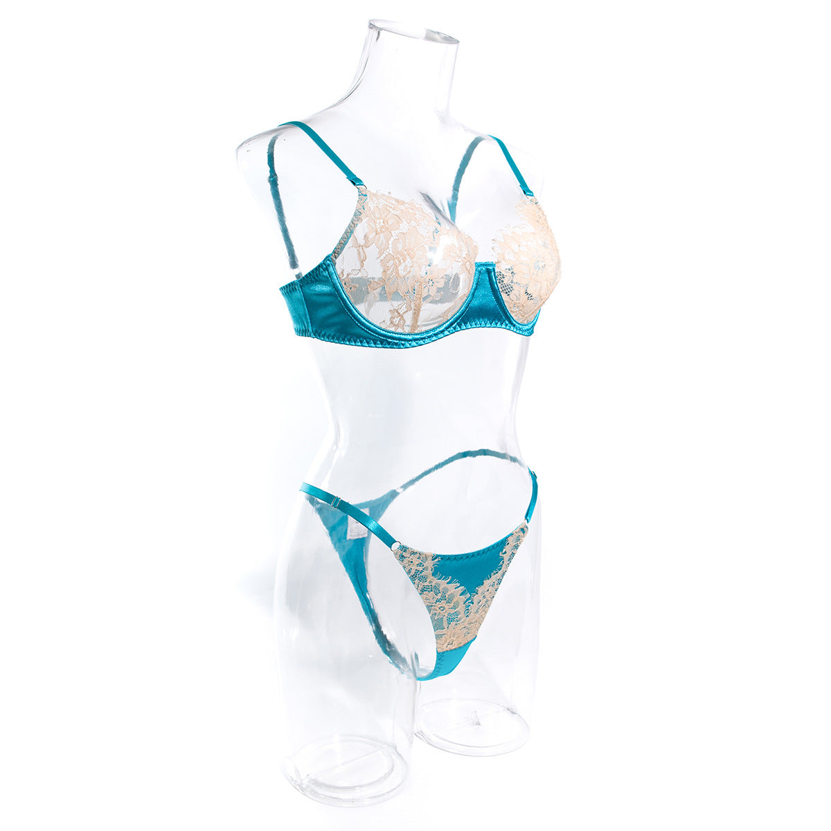 Wholesale Lace Bra and Underwear Set in Skin Color and Light Blue Side View
