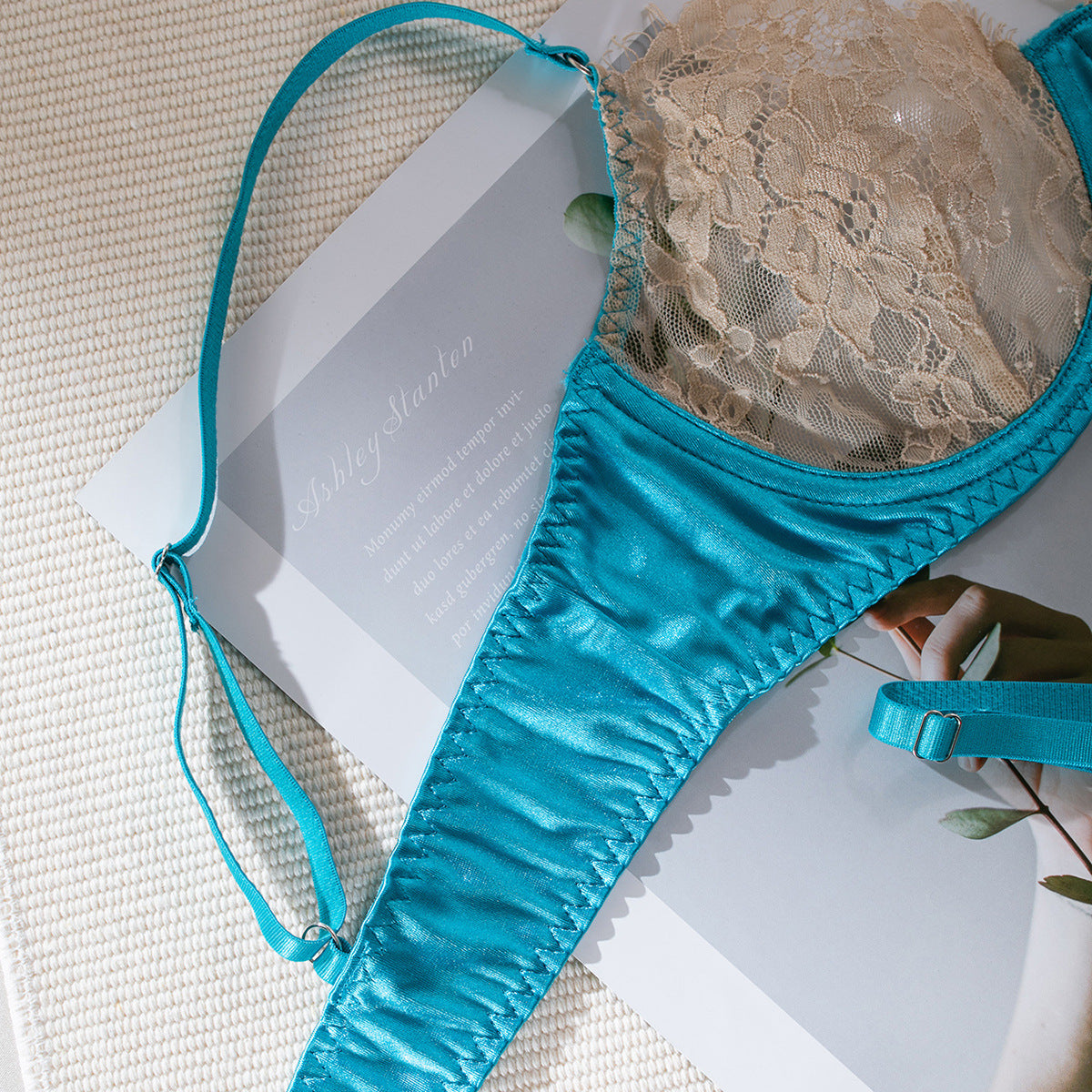 Wholesale Lace Bra and Underwear Set in Skin Color and Light Blue Strapy Details